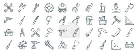 set of 40 outline web carpentry icons such as paint brush, drill, sawmill, screwdriver, paint roller, axe, scissors icons for report, presentation, diagram, web design, mobile app