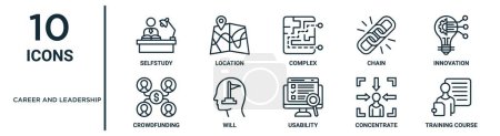 career and leadership outline icon set such as thin line selfstudy, complex, innovation, will, concentrate, training course, crowdfunding icons for report, presentation, diagram, web design