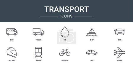 set of 10 outline web transport icons such as bus, truck, oil, ship, car, helmet, train vector icons for report, presentation, diagram, web design, mobile app