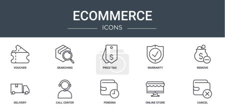 set of 10 outline web ecommerce icons such as voucher, searching, price tag, warranty, remove, delivery, call center vector icons for report, presentation, diagram, web design, mobile app