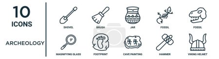 conjunto de iconos de esquema arqueológico como pala de línea delgada, tarro, fósil, huella, martillo, casco vikingo, iconos de lupa para informe, presentación, diagrama, diseño web