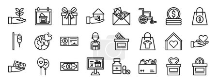 set of 24 outline web charity icons such as seed, charity day, gift, home, envelope, wheel chair, coin vector icons for report, presentation, diagram, web design, mobile app