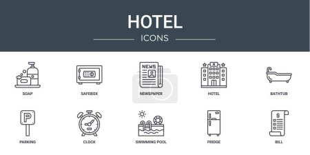 10 umrissene Web-Hotel-Symbole wie Seife, Safe, Zeitung, Hotel, Badewanne, Parkplatz, Uhr-Vektor-Symbole für Bericht, Präsentation, Diagramm, Webdesign, mobile App