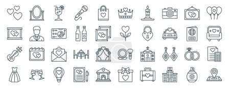 set of 40 outline web wedding icons such as mirror, wedding video, violin, wedding dress, passport, balloons, crown icons for report, presentation, diagram, web design, mobile app