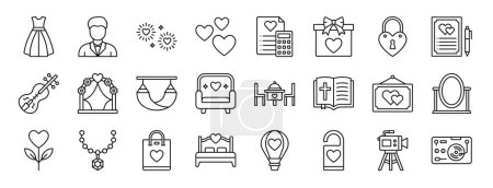 set of 24 outline web wedding icons such as wedding dress, groom, fireworks, love, wedding cost, gift box, padlock vector icons for report, presentation, diagram, web design, mobile app