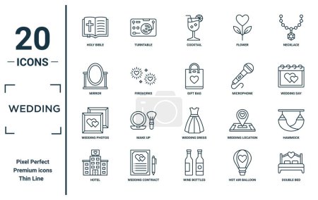 wedding linear icon set. includes thin line holy bible, mirror, wedding photos, hotel, double bed, gift bag, hammock icons for report, presentation, diagram, web design