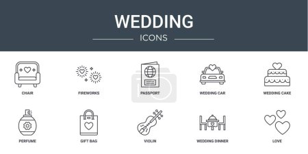 set of 10 outline web wedding icons such as chair, fireworks, passport, wedding car, wedding cake, perfume, gift bag vector icons for report, presentation, diagram, web design, mobile app