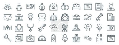 Illustration for Set of 40 outline web wedding icons such as wedding dress, hammock, wedding dinner, love key, microphone, groom, ring icons for report, presentation, diagram, web design, mobile app - Royalty Free Image