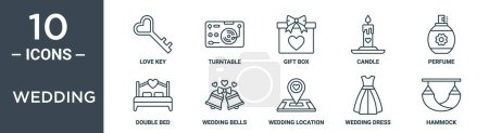 ensemble d'icônes de contour de mariage comprend la clé d'amour de ligne mince, la plaque tournante, la boîte cadeau, la bougie, le parfum, le lit double, les icônes de cloches de mariage pour le rapport, la présentation, le diagramme, la conception Web