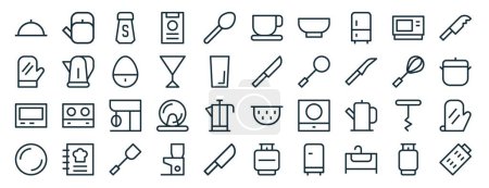 Set mit 40 umrissenen Web-Küchensymbolen wie Teekanne, Handschuh, Timer, Teller, Schneebesen, Messer, Tassensymbole für Bericht, Präsentation, Diagramm, Webdesign, mobile App