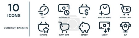 coreicon banking outline icon set such as thin line fast, usd, remove cart, empty cart, money, cup, favorite icons for report, presentation, diagram, web design