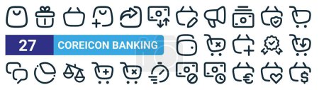 Satz von 27 umreißen Web Coreicon Banking-Symbole wie Taschen einkaufen, Geschenkbox, Warenkorb, PR, Warenkorb entfernen, Analytik, blockiert, usd Vektor Thin Line-Symbole für Web-Design, mobile App.