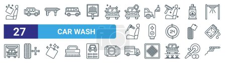 Illustration for Set of 27 outline web car wash icons such as interior, suv, foam gun, emissions test, scratch, maintenance, truck, pressure washer vector thin line icons for web design, mobile app. - Royalty Free Image