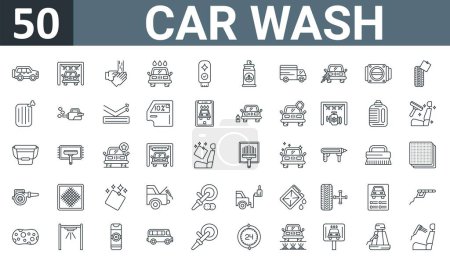 Set von 50 Umrissen Web-Autowaschsymbole wie SUV, Autowäsche, Händewaschen, Autowäsche, Kratzer, Entferner, LKW-Vektor dünne Symbole für Bericht, Präsentation, Diagramm, Webdesign, mobile App.
