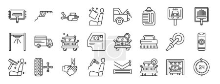 Satz von 24 umrissenen Web-Autowaschsymbolen wie Reinigung, Hochdruckreiniger, Nano, Innenraum, Kofferraum, Pakete, Vektorsymbole für Bericht, Präsentation, Diagramm, Webdesign, mobile App