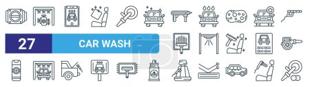 set of 27 outline web car wash icons such as throttle, engine, car wash, car wash, spray, vacuum, polisher vector thin line icons for web design, mobile app.