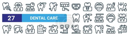 ensemble de 27 icônes Web de soins dentaires tels que la recherche, les appareils dentaires, miroir buccal, implant dentaire, vernis, mauvaise haleine, chaise de dentiste, icônes de ligne mince vectoriel horaire dentaire pour la conception Web, application mobile.