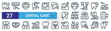 Satz von 27 umrissenen Web-Symbolen zur Zahnpflege wie empfindliche, Zahnfurnier, Mundgesundheit, Geschwüre, Zähneputzen, Babyzähne, Zahnextraktion, Zahnbohrvektor dünne Linien Symbole für Web-Design, mobile