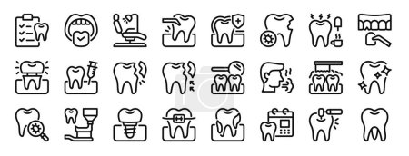 Satz von 24 umrissenen Web-Symbolen zur Zahnpflege wie Zahnbericht, Mundgesundheit, Zahnarztstuhl, Zahnextraktion, Schmelz, Infektion, empfindliche Vektorsymbole für Bericht, Präsentation, Diagramm, Webdesign,