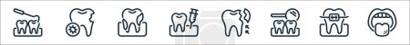 outline set of dental care line icons. linear vector icons such as scalling, infection, tartar, anesthetic, dental filling, mouth mirror, braces, ulcer