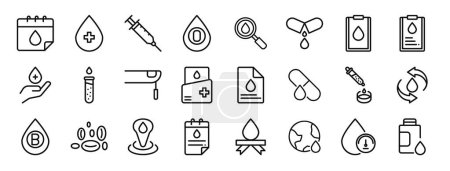 set of 24 outline web blood icons such as calendar, blood donor, syringe, type, search, supplement, medical report vector icons for report, presentation, diagram, web design, mobile app