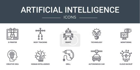 set of 10 outline web artificial intelligence icons such as d printer, body tracking, robot, technology, monitoring, creative idea, human intelligence vector icons for report, presentation, diagram,