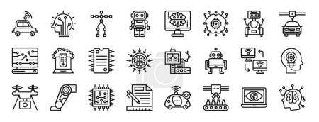 Satz von 24 umreißen Web künstliche Intelligenz Symbole wie autonomes Auto, menschliche Intelligenz, Body Tracking, Roboter, ai Wissen, Mikroprozessor, Roboter-Vektor-Symbole für Bericht, Präsentation,