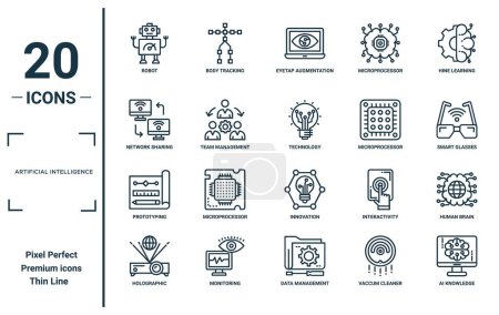 artificial intelligence linear icon set. includes thin line robot, network sharing, prototyping, holographic, ai knowledge, technology, human brain icons for report, presentation, diagram, web