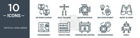 artificial intelligence outline icon set includes thin line network sharing, body tracking, microprocessor, idea development, smart glasses, programming, prototyping icons for report, presentation,