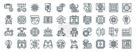 set of 40 outline web artificial intelligence icons such as game controller, robot, automated, creative mind, microprocessor, microprocessor, robotic surgery icons for report, presentation, diagram,