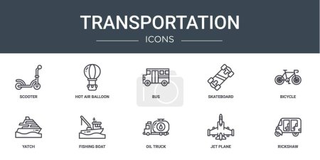conjunto de 10 iconos de transporte web esquema tales como scooter, globo de aire caliente, autobús, monopatín, bicicleta, yatch, iconos de vector de barco de pesca para el informe, presentación, diagrama, diseño web, aplicación móvil