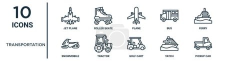 Conjunto de iconos de esquema de transporte, como avión jet de línea fina, avión, ferry, tractor, yatch, pickup car, iconos de motos de nieve para el informe, presentación, diagrama, diseño web