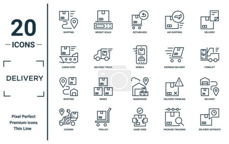 delivery linear icon set. includes thin line shipping, cargo ship, shipping, courier, delivery estimate, mobile, delivery icons for report, presentation, diagram, web design