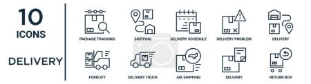 conjunto de iconos de esquema de entrega, como seguimiento de paquetes de línea delgada, calendario de entrega, entrega, camión, caja de devolución, iconos de carretilla elevadora para informe, presentación, diagrama, diseño web