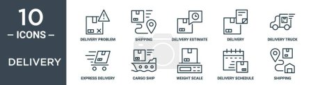 delivery outline icon set includes thin line delivery problem, shipping, delivery estimate, truck, express cargo ship icons for report, presentation, diagram, web design