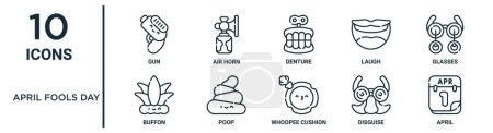 april fools day outline icon set such as thin line gun, denture, glasses, poop, disguise, april, buffon icons for report, presentation, diagram, web design