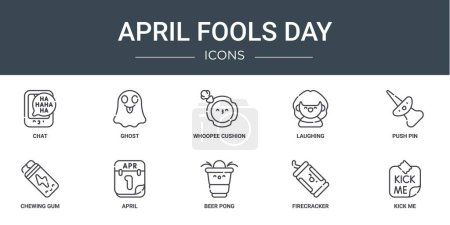Illustration for Set of 10 outline web april fools day icons such as chat, ghost, whoopee cushion, laughing, push pin, chewing gum, april vector icons for report, presentation, diagram, web design, mobile app - Royalty Free Image