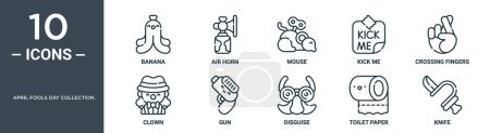 april fools day collection. outline icon set includes thin line banana, air horn, mouse, kick me, crossing fingers, clown, gun icons for report, presentation, diagram, web design