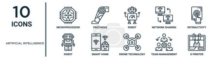 conjunto de iconos de esquema de inteligencia artificial como microprocesador de línea delgada, robot, interactividad, hogar inteligente, gestión de equipos, impresora d, iconos de robot para informe, presentación, diagrama, diseño web