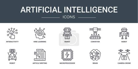 conjunto de 10 iconos de la inteligencia artificial de la tela del esquema tales como interactividad, hine learning, robot, transportador, robot, robot, iconos del vector de la escritura del artículo para el informe, presentación, diagrama, diseño de la tela,