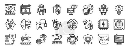 set of 24 outline web artificial intelligence icons such as conveyor, temperature control, robot, smart home, monitoring, microprocessor, robot vector icons for report, presentation, diagram, web