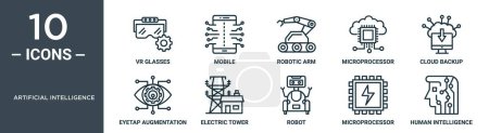 artificial intelligence outline icon set includes thin line vr glasses, mobile, robotic arm, microprocessor, cloud backup, eyetap augmentation, electric tower icons for report, presentation,