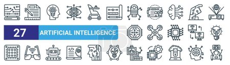 Satz von 27 Umrissen Web künstliche Intelligenz Symbole wie Informatik, Artikelschreiben, kreative Idee, Motherboard, Drohnen-Technologie, intelligente Brille, Roboter-Chirurgie, Roboter-Vektor dünne Linie