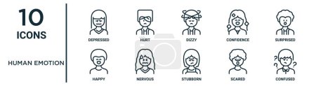 Téléchargez les illustrations : Ensemble d'icônes de contour d'émotion humaine telles que la ligne mince déprimée, étourdie, surprise, nerveuse, effrayée, confuse, icônes heureuses pour le rapport, la présentation, le diagramme, la conception Web - en licence libre de droit