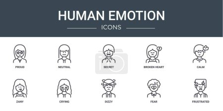 Satz von 10 umreißt Web-menschliche Emotionen Symbole wie stolz, neutral, geheim, gebrochenes Herz, Ruhe, Wahnsinn, weinende Vektor-Symbole für Bericht, Präsentation, Diagramm, Web-Design, mobile App