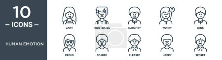 conjunto de iconos de contorno de emoción humana incluye delgada línea zany, frustrado, travieso, preocupación, guiño, orgulloso, iconos de miedo para el informe, presentación, diagrama, diseño web
