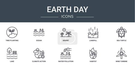 set of 10 outline web earth day icons such as tree planting, ocean, desert, landfill, sea turtle, lake, climate action vector icons for report, presentation, diagram, web design, mobile app