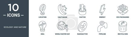 ecology and nature outline icon set includes thin line location, half moon, cactus, energy, eco packaging, idea, world water day icons for report, presentation, diagram, web design