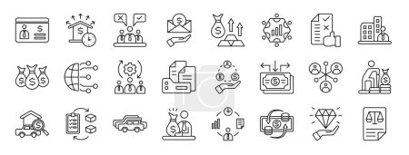 set of 24 outline web asset management icons such as bank account, liability, decision making, salary, ass, fundraising, approval vector icons for report, presentation, diagram, web design, mobile