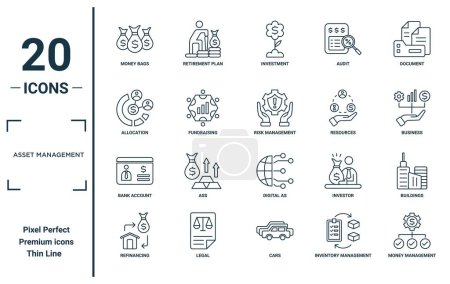 asset management linear icon set. includes thin line money bags, allocation, bank account, refinancing, money management, risk management, buildings icons for report, presentation, diagram, web